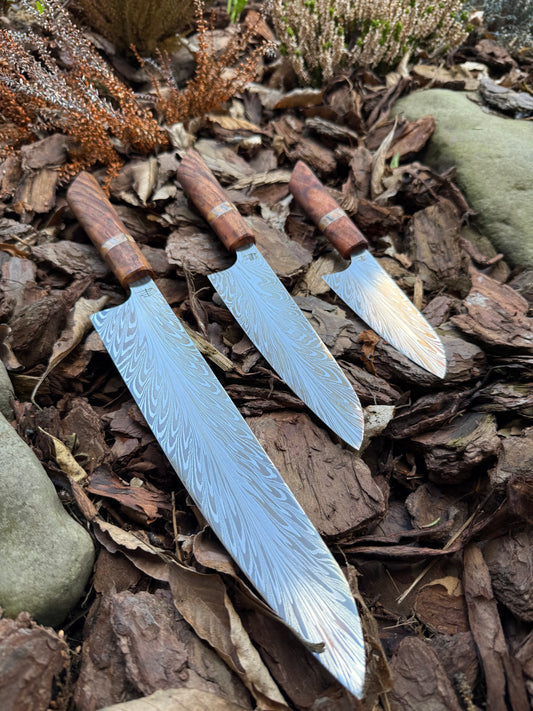 Zestaw noży kuchennych "Feather Damascus" 260 mm Gyuto, 160 mm Gyuto, 115 mm Ko-Santoku